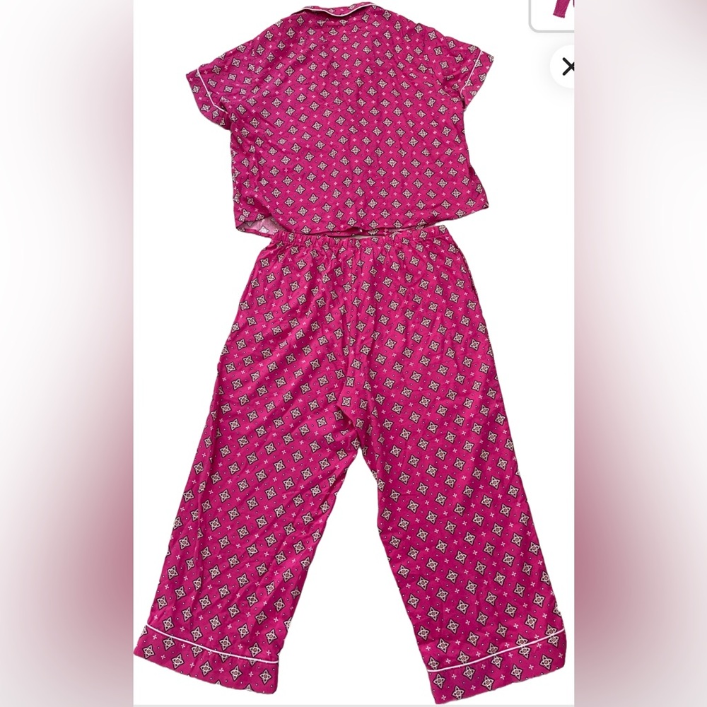 Joyspun Pink Geometric Short Sleeve Cropped Pant Tie Waist Pajama Set Size Small - Picture 2 of 6